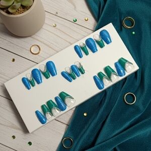 Blue and Green Press-On Nails with Rhinestones